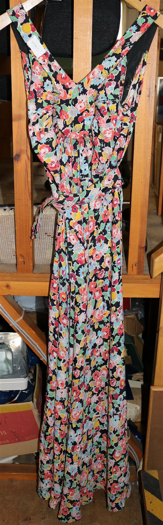 1930s bias cut printed crepe de shine evening dress